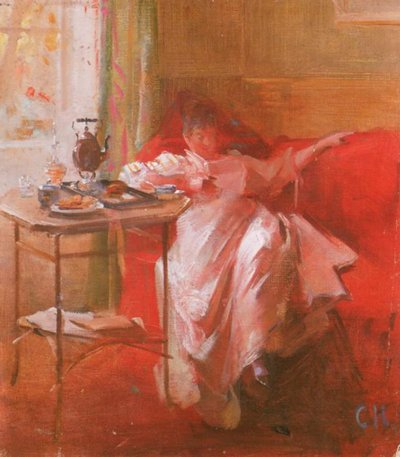 Reading Lady on Red Sofa by Curt Herrmann